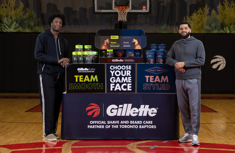 Toronto Raptors, Fred Vanvleet and O.G. Anunoby, receive a season’s worth of GilletteLabs and King C. Gillette products on behalf of their team. Whether on #TeamSmooth or #TeamStyled, Gillette has them covered with the official razor of the Toronto Raptors, GilletteLabs with Exfoliating Bar, or the official trimmer by King C. Gillette. (Photo: Business Wire)