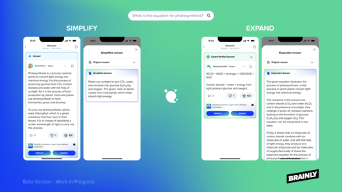 Brainly's new AI functions allow Learners to “Simplify” or “Expand” answers. Guided by a friendly mascot named Ginny, students can benefit from the AI which operates on Brainly’s moderated Knowledge Base of over 250 million answers. (Graphic: Business Wire)