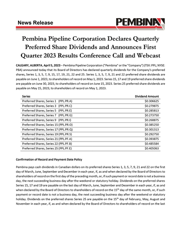 Pembina Pipeline Corporation Declares Quarterly Preferred Share Dividends and Announces First Quarter 2023 Results Conference Call and Webcast