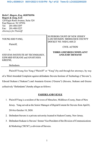 original Yang v Stevens Complaint filed in New Jersey Superior Court.
