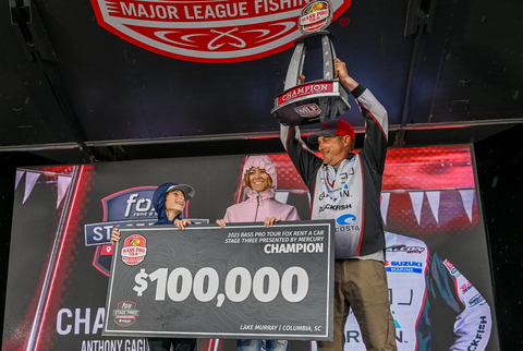 Pro angler Anthony Gagliardi of Prosperity, South Carolina, caught 16 scorable bass, with his best five weighing 26 pounds, 13 ounces, to win the top prize of $100,000 Friday at the Major League Fishing (MLF) Bass Pro Tour Fox Rent A Car Stage Three at Lake Murray Presented by Mercury in Columbia, South Carolina. (Photo: Business Wire)