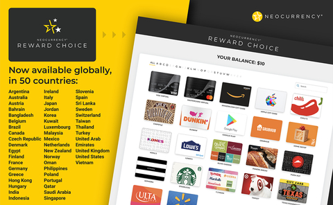 NeoCurrency Reward Choice, now available in 50 countries, gives customers the ability to choose from the most popular global and regional brands. (Graphic: Business Wire)