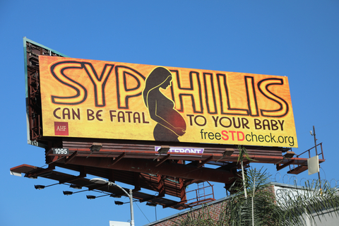 A previous AHF billboard campaign offering a warning about the dangers of congenital syphilis with a link for the public to get information on testing and treatment at www.freeSTDcheck.org (Photo: Business Wire)