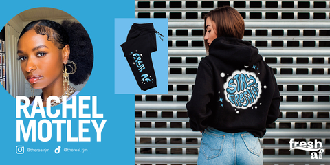 Rachel_Motley.jpg / Inspired by her signature-shaped font style, Motley’s Fresh af design uses iconography to fill the fresh atmosphere that Febreze products create. The design reflects her love for a classic black outfit balanced by a pop of color—in this case, harmonious shades of blue. (Photo: Business Wire)