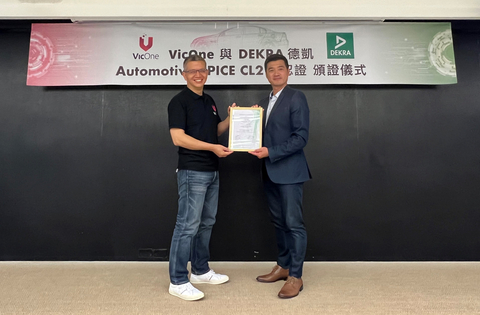 VicOne CEO, Max Cheng (left) being awarded DEKRA ASPICE CL2 Certificate (Photo: Business Wire)