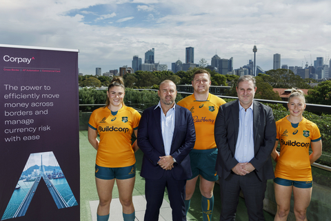 From left to right: Piper Duck (Wallaroo) Andy Marinos (CEO Rugby Australia) Angus Bell (Wallaby) David Britten (Managing Director APAC, Corpay Cross-Border Solutions) Layne Morgan (Wallaroo) (Photo: Business Wire)