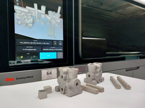 Aidro received the industry’s first certification of qualification from DNV for binder jetting using the Desktop Metal Shop System™ for 3D printing 17-4PH stainless steel parts. The printer is shown here with two valves and coupons printed in 17-4PH. (Photo: Business Wire)