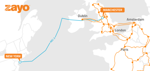 Map of Zayo's new transatlantic route connecting Manchester and New York. (Graphic: Business Wire)