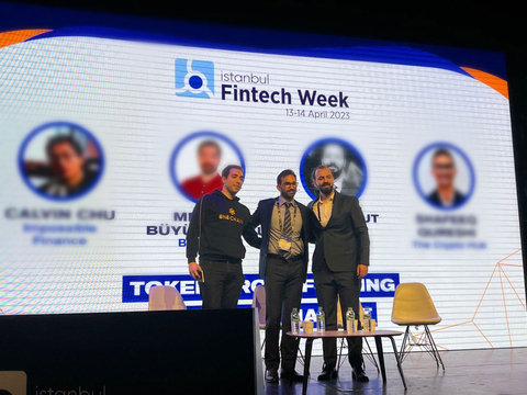 From the right - Mete Umut Elmas, Head of MENA Business Development at KuCoin, Calvin Chu, Core Builder, Impossible Finance, Shafeeq Qureshi, Founder, The Crypto Hub, and Mehmet Büyükakarsu, Turkey Business Development Lead, BNB Chain at the Istanbul Fintech Week 2023 (Photo: Business Wire)
