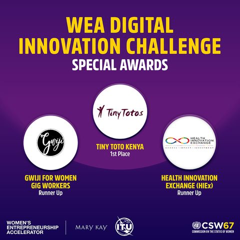 Three startups, Tiny Totos, Gwiji for Women, and Health Innovation Exchange (HIEx), were awarded Special Recognition status for their best-practice innovations at the WEA Digital Innovation Challenge. (Graphic: Mary Kay Inc.)