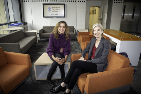 Jill Banfield (left) and Jennifer Doudna (right) at the Innovative Genomics Institute (IGI) Building in Berkeley, Calif. (Photo: Keegan Houser, UC Berkeley)