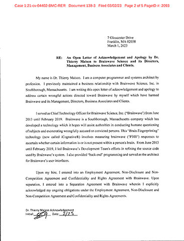 Dr. Maison's Open Letter of Acknowledgement and Apology to Brainwave Science filed with the Federal District Court.