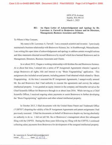 Open Letter of Acknowledgement and Apology by Dr. Lawrence A. Farwell to Brainwave Science filed with the US District Court (E.D.N.Y.)