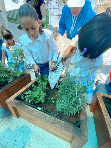 Students adding soil to seedlings (Photo: Business Wire)