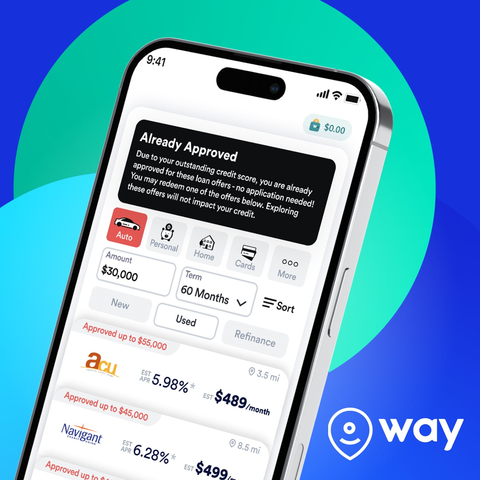 Way.com users will gain access to a menu of healthy, pre-approved, auto-refinancing options from local credit unions at the point of purchase. (Graphic: Business Wire)
