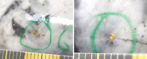 Figure 1: Photos of mineralization from NFGC-22-911:  Left: at ~60.4m Right: at ~62m. 
^Note that these photos are not intended to be representative of gold mineralization in NFGC-22-911. (Photo: Business Wire)