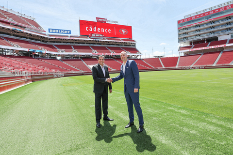 Nimish Modi, senior vice president and general manager, Strategy and New Ventures, Cadence, and Brent Schoeb, chief revenue officer, 49ers, pictured at Levi’s Stadium in Santa Clara, Calif. (Photo Credit: San Francisco 49ers)
