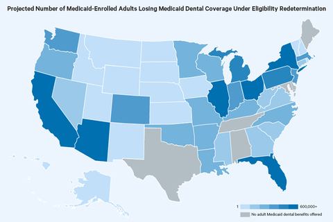CareQuest Institute for Oral Health: Projected Number of Medicaid-Enrolled Adults Losing Medicaid Dental Coverage Under Eligibility Redetermination (Graphic: Business Wire)