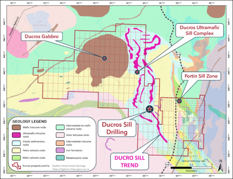 Figure 1. Geology map of Québec Nickel’s Ducros property (red outline) showing the individual mining claims that comprise the property land package, along with the locations of the Ni-Cu-PGE target areas. The regional geology is sourced from the Government of Québec’s online SIGEOM database. (Photo: Business Wire)