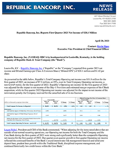 Republic Bancorp, Inc. Reports First Quarter 2023 Net Income of $28.1 Million