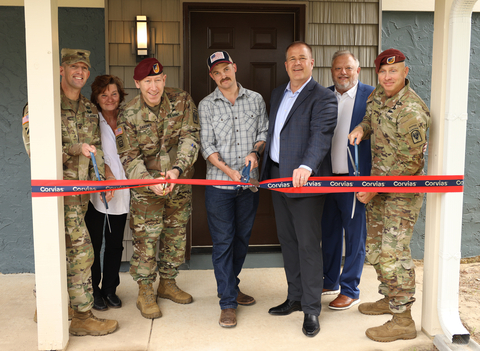 Corvias joined Army leadership to cut the ribbon on the renovated Berkley Court home. Pictured left to right: Col. Smith, Army Housing Officer Betty Beinkemper, Brigadier General Gardner, Staff Sgt. Brody Gragg, Pete Sims, Corvias DoD Managing Director, Kirk Green, Corvias Operations Director and Command Sgt.Maj. David Hanson. (Photo: Business Wire)