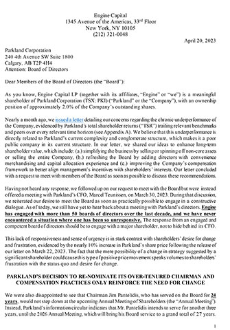 Engine Capital Issues Letter to Parkland’s Board Announcing Intent to Withhold Support on ALL Incumbent Directors at the 2023 Annual Meeting