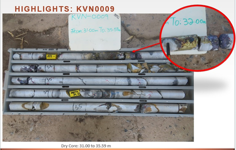 Figure 5: Drill Core from Kavango North Hole 9 The core pictured in Figure 5, again shows shiny golden-coloured chalcopyrite mineralization (copper mineral) throughout the drill core. (Photo: Business Wire)