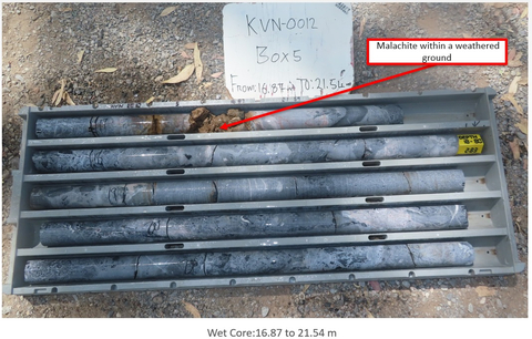 Figure 7: Drill Core from Kavango North -- Hole 12 The core pictured in Figure 7 shows brownish chalcopyrite mineralization (copper mineral) throughout the drill core. (Photo: Business Wire)