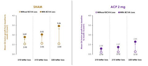 ACP, avacincaptad pegol; BCVA, best corrected visual acuity; GA, geographic atrophy. Without BCVA (vision) loss group was defined as patients who had a change in BCVA from baseline at Month 12 less than the categorical value. (Graphic: Business Wire)