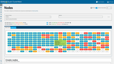 With Penguin Computing’s Scyld ClusterWare 12.0 software, the node grid displays compute node health in real time and status information at a glance. Filtering and selection controls drive the Dynamic Node Group feature which makes system monitoring easier for administrators, providing more control and efficiency. (Graphic: Business Wire)