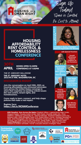 Flyer for the Housing Affordability, Rent Control, and Homelessness Conference in Washington, DC, on Sunday, April 30, 2023, at the Saint Gregory Hotel hosted by AHF's Housing In A Human Right. (Graphic: Business Wire)