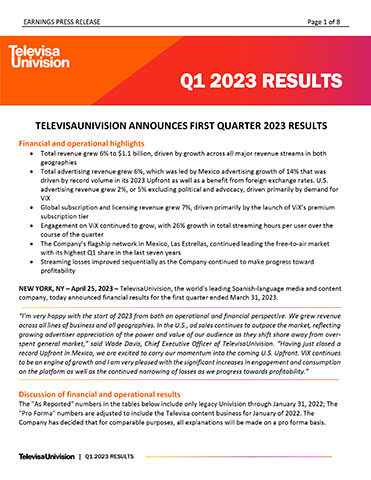 TelevisaUnivision Q1 2023 Results