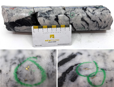 Figure 1: Photos of mineralization from NFGC-22-1040: Top: at ~46m Left: at ~46.3m Right: at ~47m. ^Note that these photos are not intended to be representative of gold mineralization in NFGC-22-1040. (Photo: Business Wire)