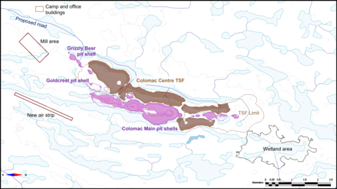 Figure 2 – Colomac Centre Area – Colomac Main, Grizzly Bear, and Goldcrest Deposits Pit Shells and Main Infrastructure (Graphic: Business Wire)