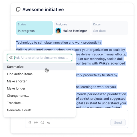Wrike's Work Intelligence: description summarization, text generation, and text editing powered by AI. Forward-looking visuals are subject to change at time of release. (Graphic: Business Wire)