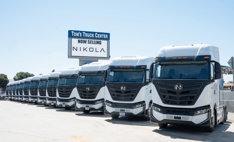 Nikola battery-electric semi-trucks are now available at Tom's Truck Center in Santa Ana, Calif. and Santa Fe Springs, Calif. (Photo: Business Wire)