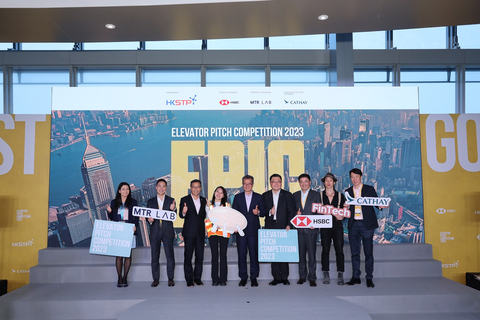Mr Paul Chan, Financial Secretary of Hong Kong SAR (5th, left), Dr Sunny Chai, Chairman of HKSTP (4th, right), Mr Albert Wong, CEO of HKSTP (3rd, left), overall champion and PropTech winner: Skyland Innovation Company Ltd. (4th, left), “My Favourite Pitcher” winner: Canvasland Limited (2nd, right), Fintech winner: FinCrime Dynamics (1st, left), plus sponsors HSBC, MTR Lab and Cathay. (Photo: Business Wire)
