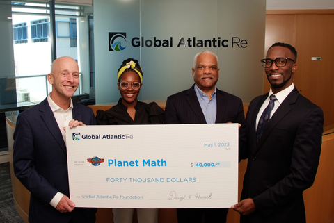Darryl Herrick, President, Global Atlantic Re, and colleagues Kiara Somner and Kymn Astwood are presented a donation check to Kevin Warner, Co-Founder of Planet Math. (Photo: Business Wire)