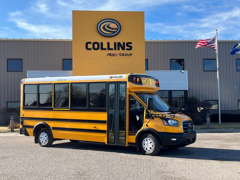 Collins Bus, a subsidiary of REV Group, Inc., and an industry leader in manufacturing Type A School Buses, Multi-Function School Activity Buses (MFSAB), childcare buses and electric/alternative fuel buses announces its zero-emissions Ford E-Transit Type A School Bus is available for orders starting Monday, May 1st. E-Transit is the first Type A School Bus on an electric powertrain from a full-line automaker. (Photo: Business Wire)