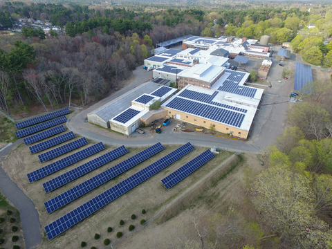 Aspen Power has developed or acquired their 100th solar project in Massachusetts. This photo depicts a 1.6 MW project in Canton, MA that incorporates rooftop, parking canopy, and ground mount solar technologies. (Photo: Business Wire)