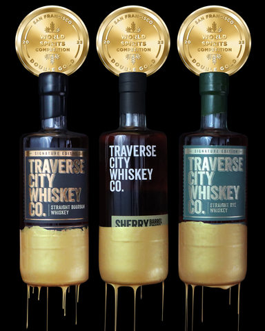 Traverse City Whiskey Co. (TCWC), a true small batch distillery handcrafting a portfolio of premium whiskies and bourbons in Up North Michigan, announced that three of its signature products – Barrel Proof Bourbon Whiskey, Barrel Proof Rye Whiskey and Sherry Barrel Finished Bourbon – were awarded Double Gold medals at the prestigious 2023 San Francisco World Spirits Competition. Additionally, TCWC’s Barrel Proof Bourbon was named a Finalist for “Best Small Batch Bourbon,” an award which it won in 2019. (Photo: Business Wire)