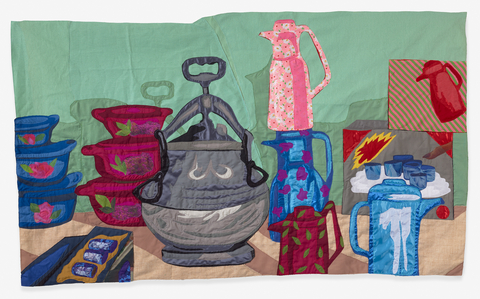 Still-Life with Dishes, 2023. Hangama Amiri Muslin, cotton, polyester, chiffon, silk, and inkjet print on silk-chiffon. Size: 44”H x 75”W Photo credit: Chris Gardner