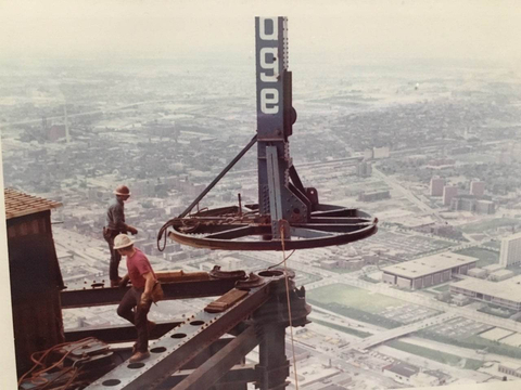 Ironworkers setting last beam on May 3, 1973. Photo Courtesy of Scott Rowell.