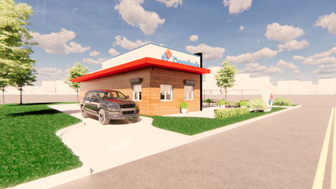 A rendering is pictured of a Domino’s modular store. (Photo: Business Wire)