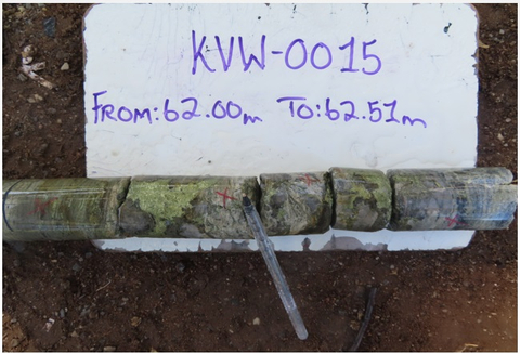 Figure 9: Drill Core from Kavango West Hole 15 The core pictured in Figure 9 shows shiny golden-coloured chalcopyrite mineralization (copper mineral) throughout the drill core. (Photo: Business Wire)