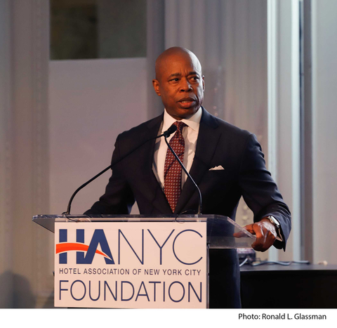 New York City Mayor Eric Adams delivers keynote remarks at the Hotel Association of New York City Foundation annual 'Red Carpet Hospitality Gala' on May 1, 2023 in New York City. (CREDIT: Ronald L. Glassman)