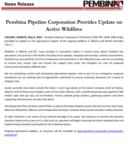 Pembina Pipeline Corporation Provides Update on Active Wildfires