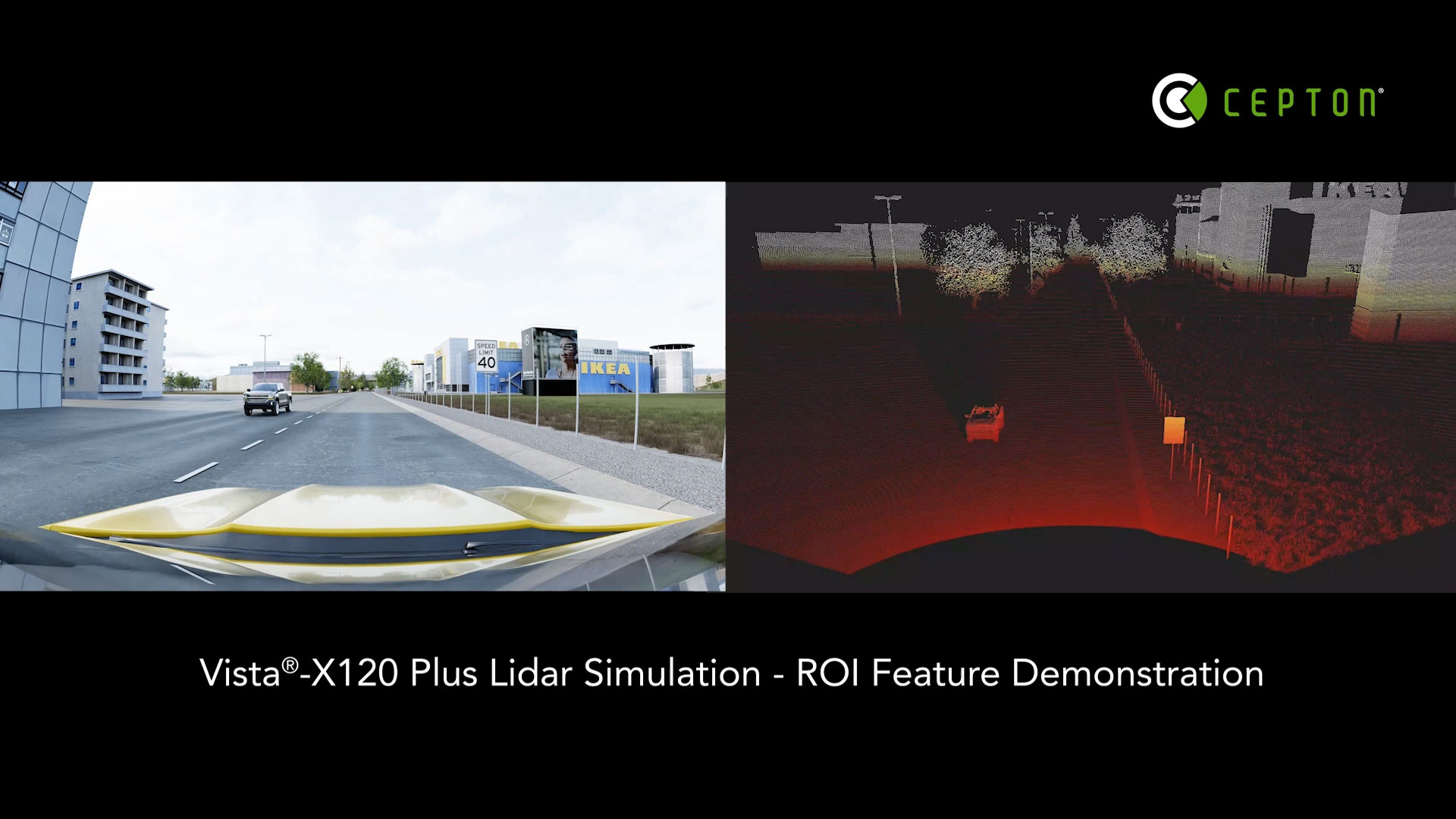 The video features simulated point clouds generated from a Vista-X120 Plus sensor integrated into the roof of the ego vehicle, with the software-definable ROI feature demonstrated. © Cepton, Inc.