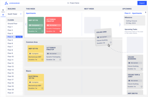 Lookahead Interface | Shows scheduled task cards in respective spaces along with current task state. Right hand panel shows list of pre-populated tasks. Left hand panel shows building navigation. (Photo: Business Wire)