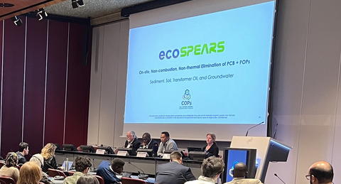 Serg Albino (CEO & Co-founder of ecoSPEARS) presents ecoSPEARS' non-thermal, non-combustive technology to the global delegation at the 2023 Conference of Parties in Geneva, Switzerland. (Photo: Business Wire)